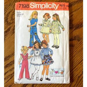 Vintage 1970s Simplicity 7198 Sewing Pattern Sz4 Toddler Dress Bib Pant COMPLETE